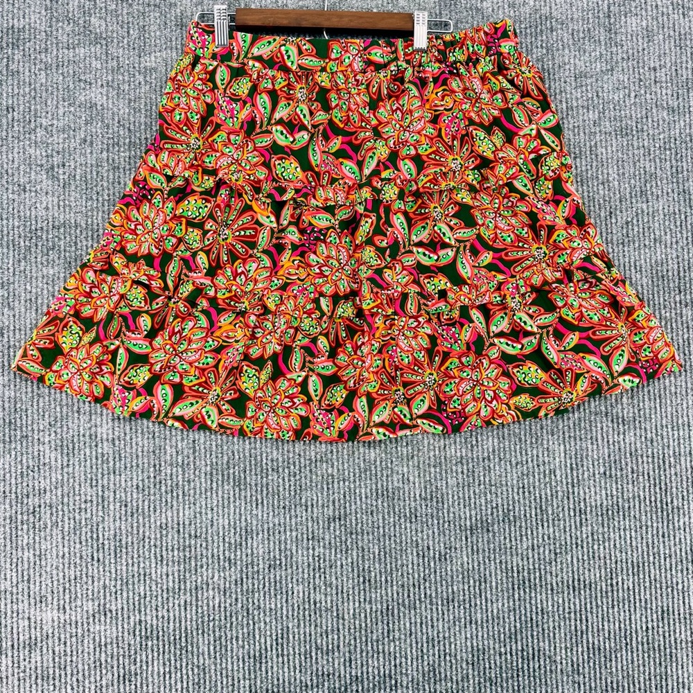 J Crew Floral Tiered Skirt Womens Large Green Pink Resort Vacation Mini Lilly